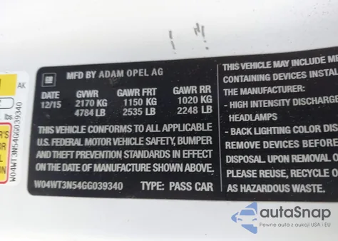 2016 Buick Cascada Premium z USA, uszkodzony, nr VIN W04WT3N54GG039340